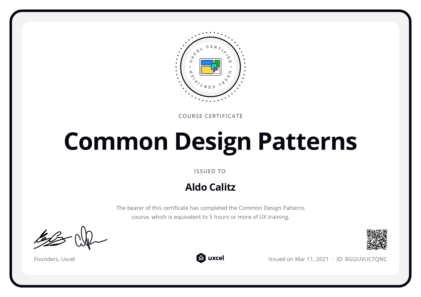 Aldo Calitz's certificate